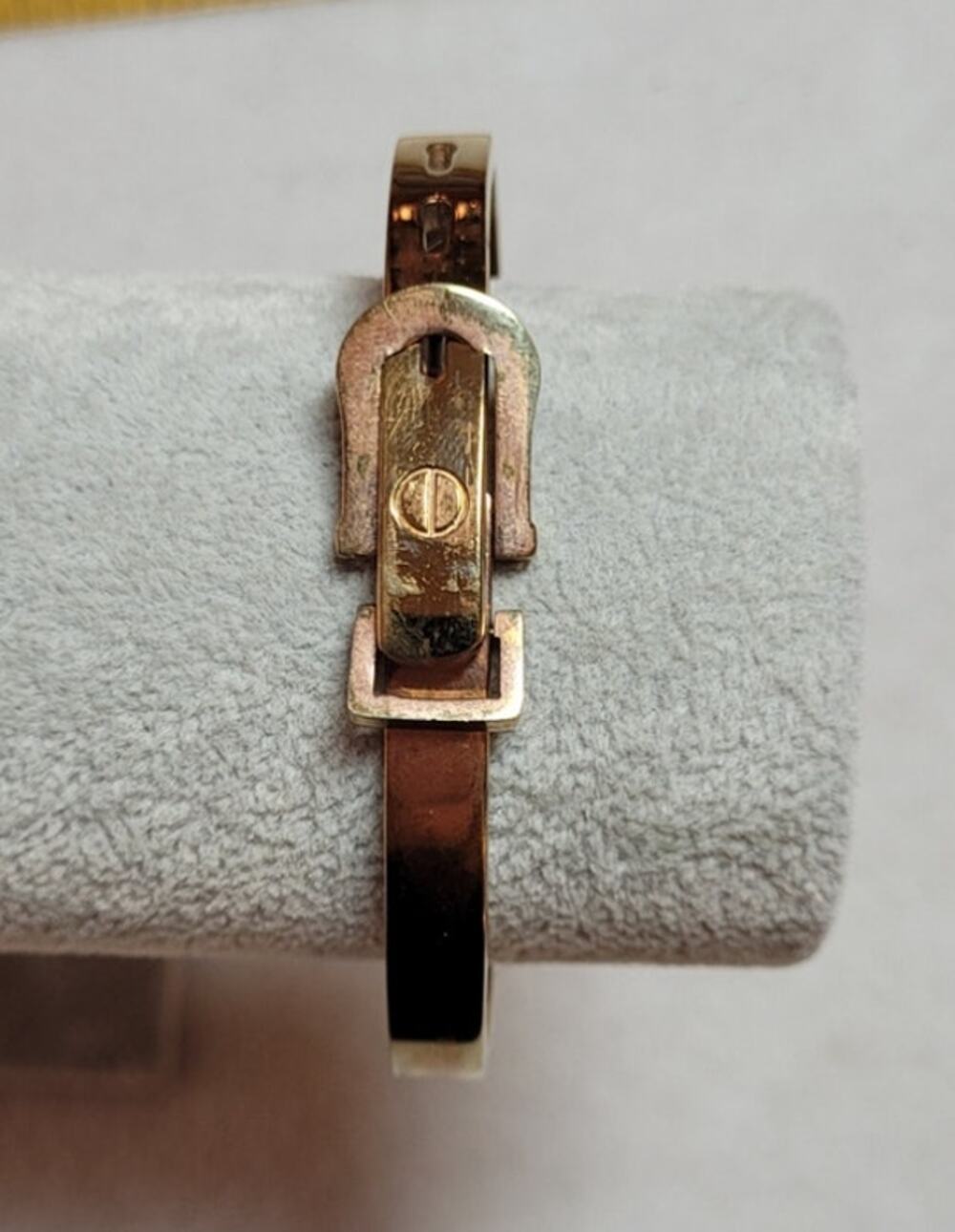 Goldtone Bronze Buckle Stlyle Thick Metal Bangle Bracelet Adjustable 6.5" -7.5"